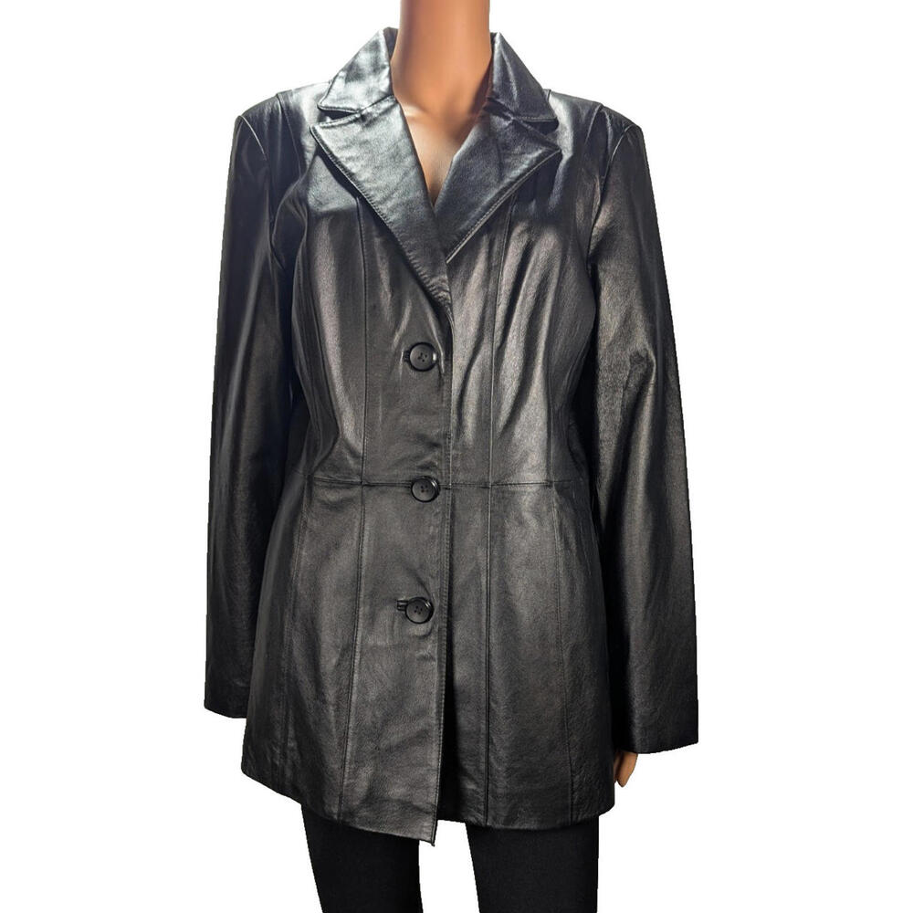 Worthington Leather Jacket Womens Lg Black Button Up Dress Coat Pockets Collared